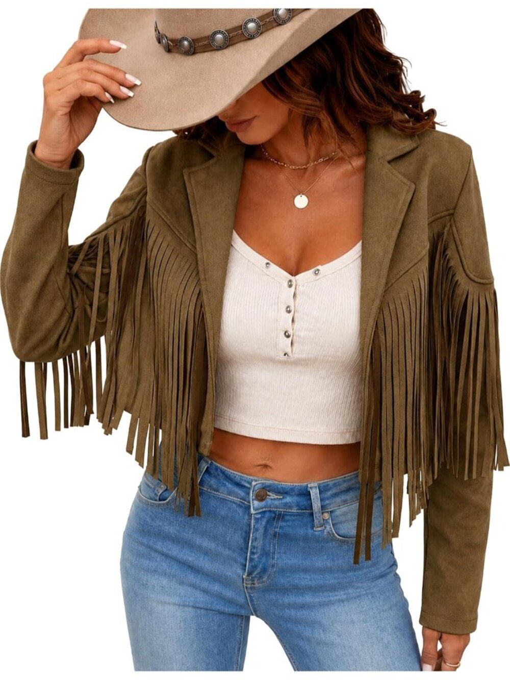 Women's Dark Khaki Suede Leather Tassel Jackets With Lining Cropped Fringe Coats